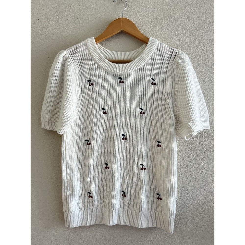 Lucky Brand Cherry Embroidered Knit Top Cream Puff Sleeve Short Sweater L Fits M